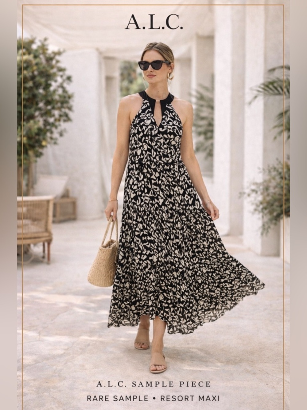 RARE A.L.C. Sample Black &White Halter Maxi Dress Resort Luxury Blogger Favorite